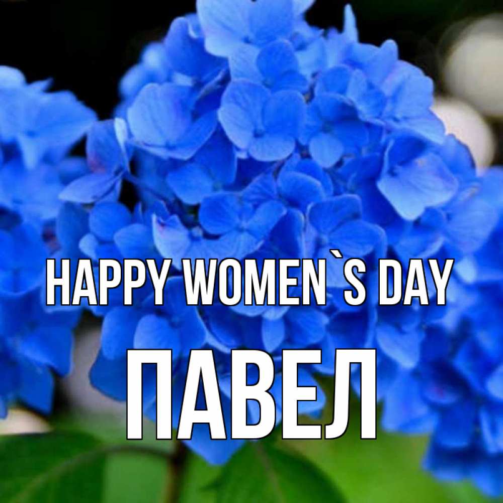Greetings card с именем, Павел happy women`s day синие цветы Greetings with text for free download 